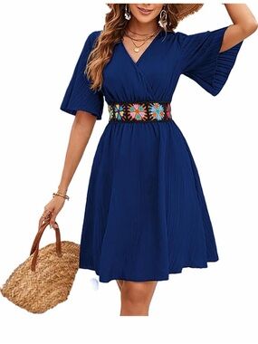 NWOT Women's Navy V-Neck Midi Dress with Embroidered Waist